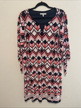 Sandra Darren Pink Navy White Geometric Midi Dress